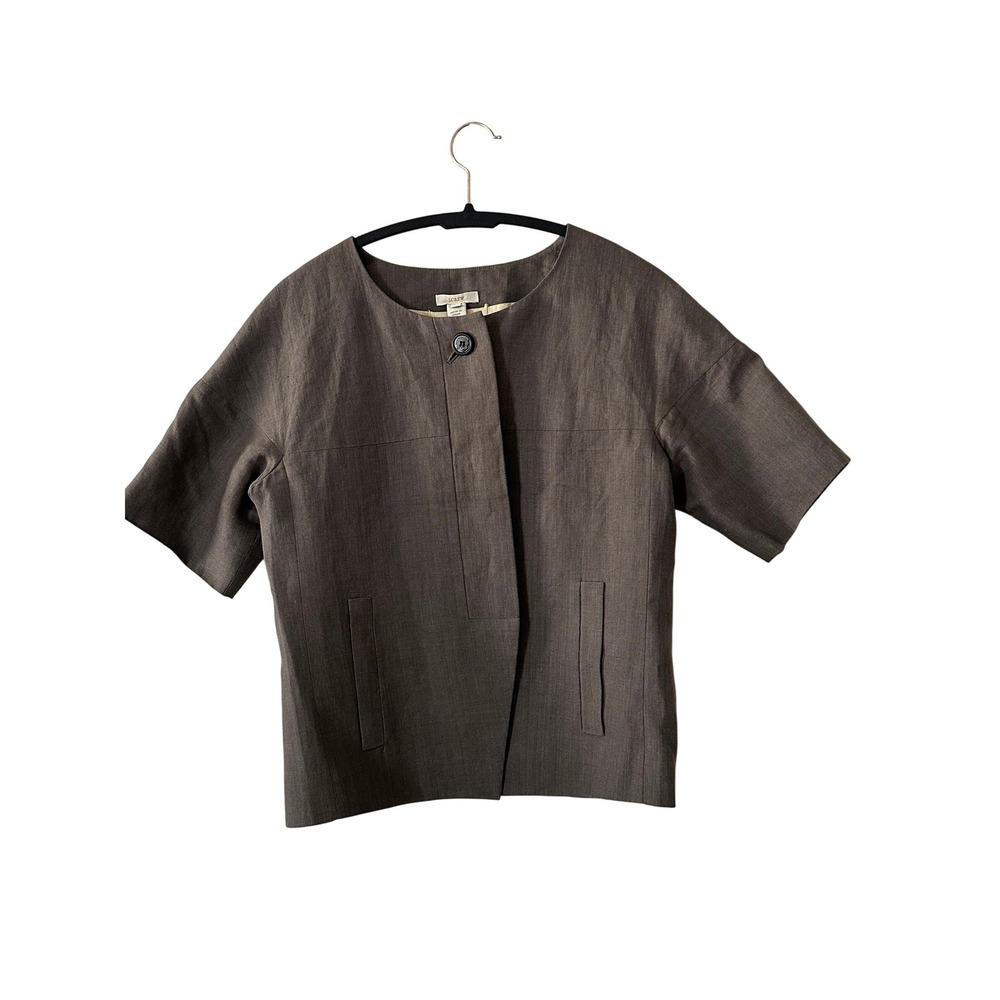 J Crew Womens 100% Linen 2 Piece Skirt Suit Brown Short Sleeve Jacket Skirt Sz 4